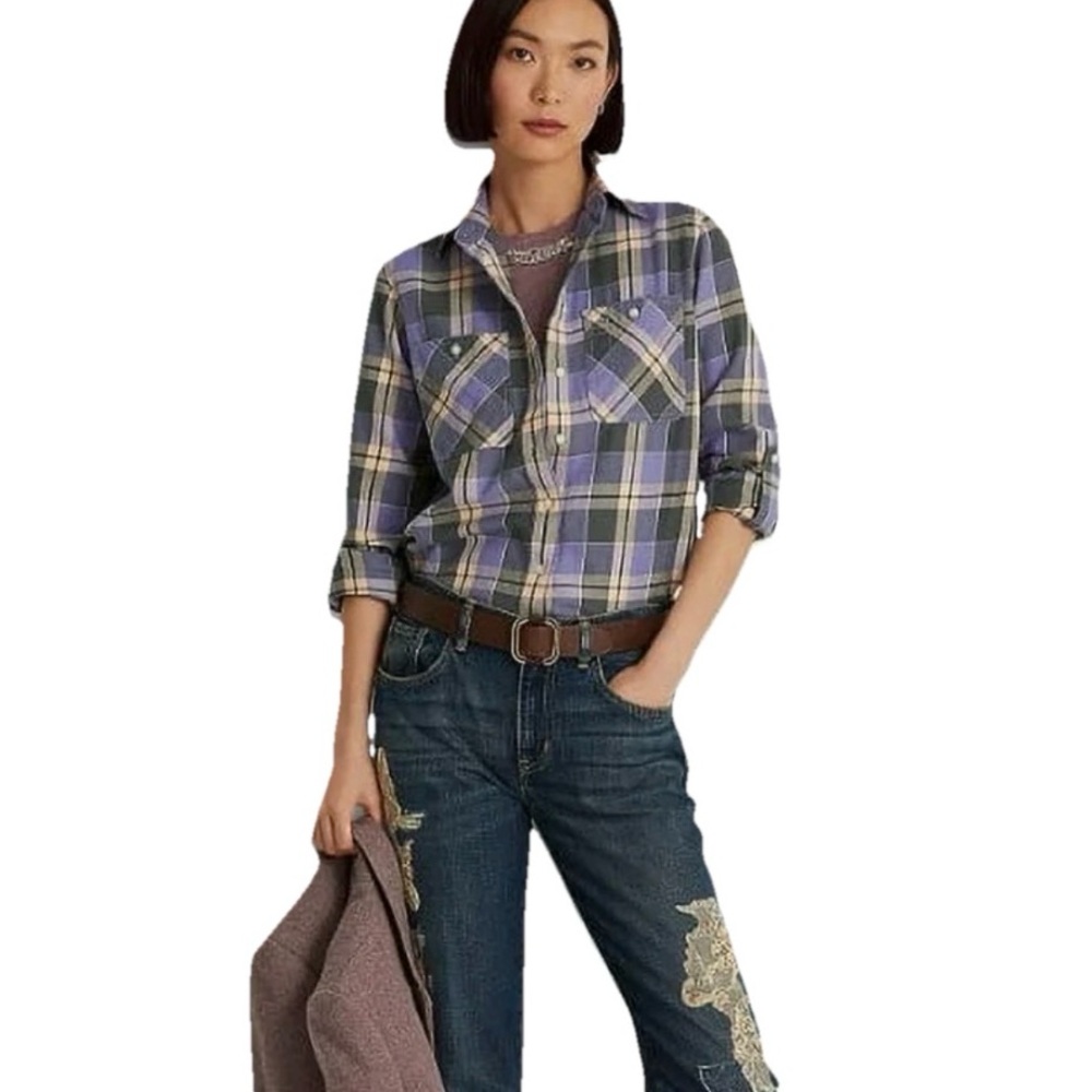 LAUREN Ralph Lauren Women M Purple Cotton Plaid Twill Shirt Button Up Long